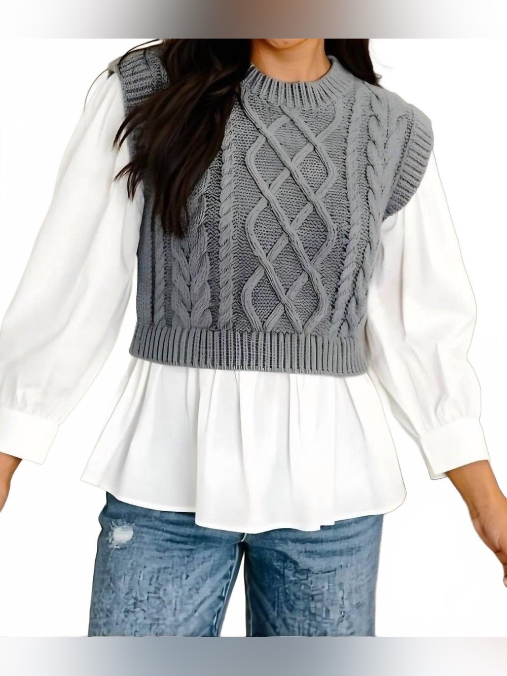 Blu Pepper Mixed Media Cable Knit Sweater in Grey